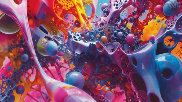 Saturated colorful mad abstract background, random different shapes and objects, hallucinations of ancient shaman after mushroom overdose. Neural network generated image. Not based on any actual scene or pattern.