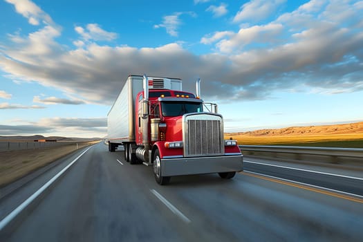 Classic American long-nose semitruck on a highway. Neural network generated image. Not based on any actual scene or pattern.