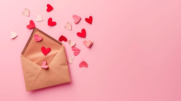 Paper craft envelope and Valentines hearts on a pink pastel background. AI generated