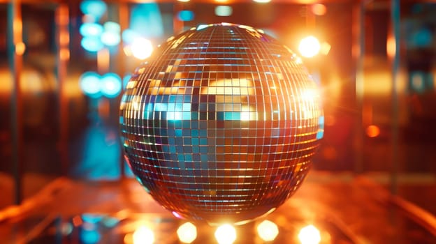 Color image of a shiny disco ball in a night club. AI generated