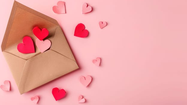 Love letter concept. Paper craft envelope and hearts on a pink pastel background. AI generated