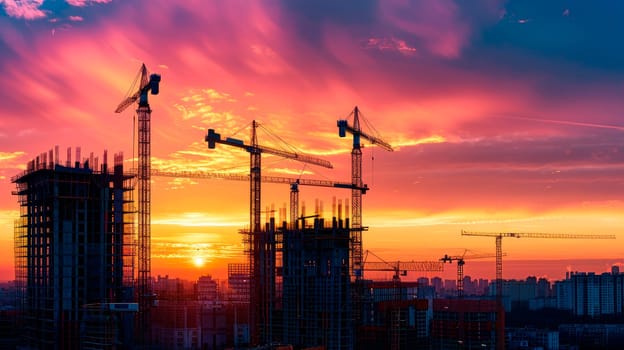 City building construction sites development and tower cranes on the beautiful sunset sky background. AI generated
