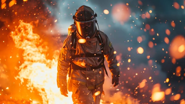 Firefighter on the fire flame background in an emergency situation. AI generated