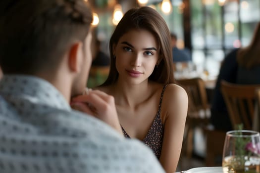 Smiling young adult woman dating with young adult man at the restaurant. Neural network generated image. Not based on any actual scene or pattern.
