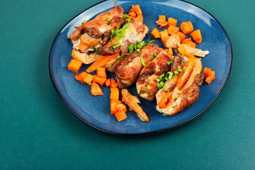 Delicious meatloaf or roulade stuffed with sweet potato and apples. Copy space.