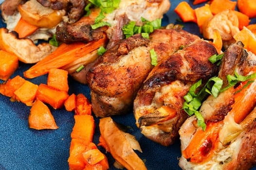 Delicious meatloaf or roulade stuffed with sweet potato and apples. Copy space.