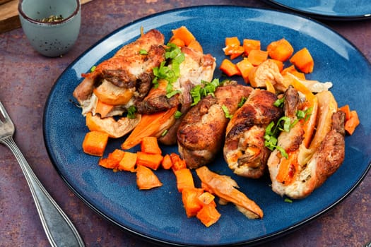 Delicious meatloaf or roulade stuffed with sweet potato and apples. Copy space.