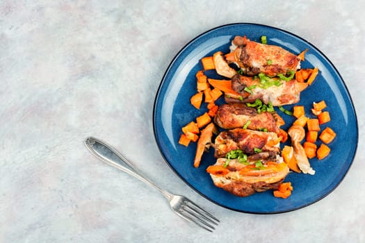 Delicious meatloaf or roulade stuffed with sweet potato and apples. Copy space.