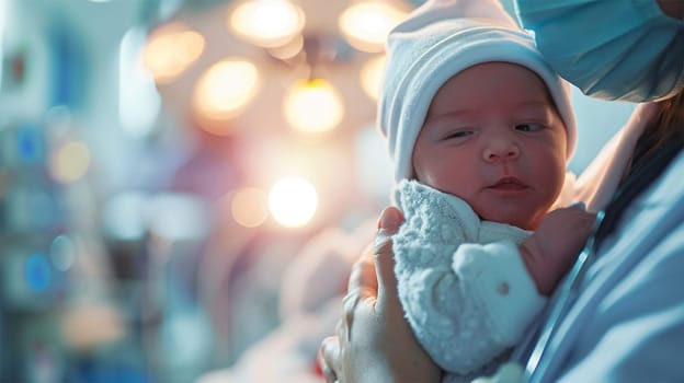 A newborn baby in a beanie is held carefully in a hospital setting, the lights overhead glowing softly.