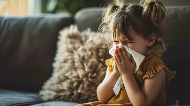A young girl in a mustard-colored dress sneezes into a tissue, her expression one of discomfort.Seasonal Allergies in Childhood
