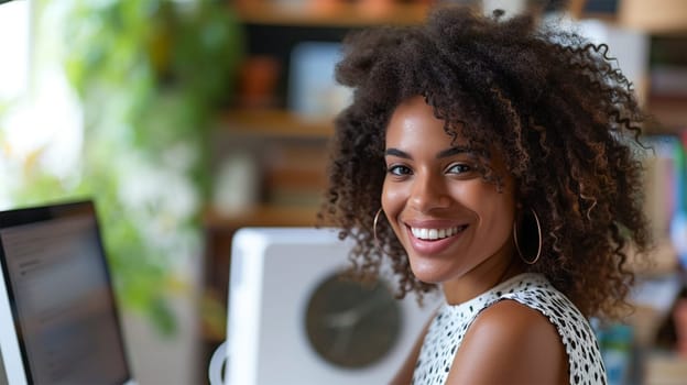 A radiant young professional woman working at her computer in a bright, plant-filled office. Copy space.