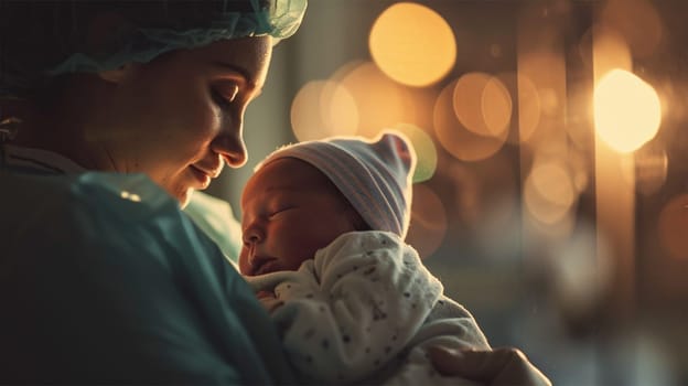 A soft-focus shot captures a serene moment as a medical worker cradles a newborn in a hat.Newborn's First Gentle Embrace.