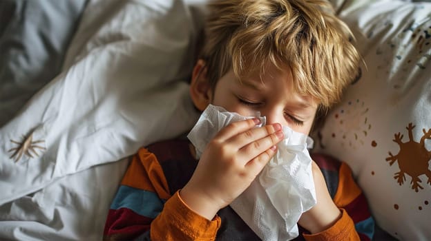 A young boy with a cold, blowing his nose in bed, with a comforting atmosphere. Copy space.Sick Day Comfort.