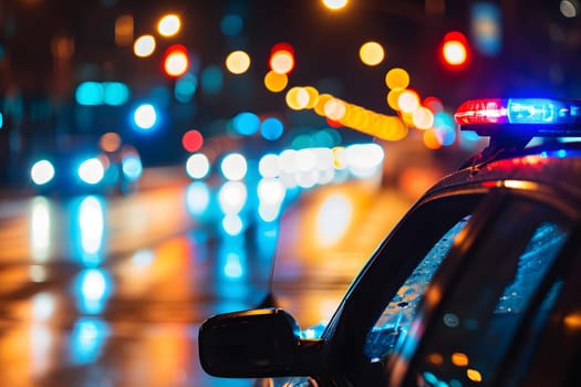 police car lights at night in city street with selective focus and bokeh. Neural network generated image. Not based on any actual person or scene.