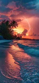 tropical beach view at cloudy stormy night with white sand, turquoise water and palm trees. Neural network generated image. Not based on any actual scene or pattern.