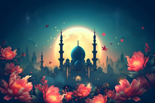 Ramadan mosque with night afterglow sky with full moon. Neural network generated in January 2024. Not based on any actual scene or pattern.