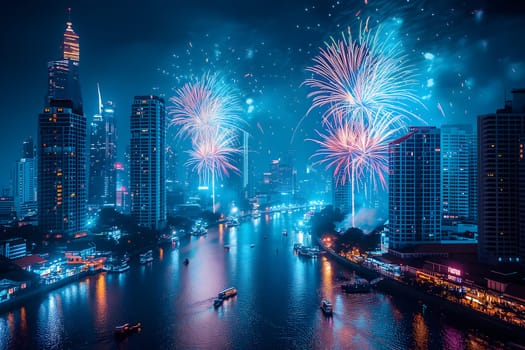 A spectacular image of fireworks illuminating the night sky over a city. Neural network generated in January 2024. Not based on any actual scene or pattern.