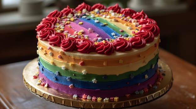 Rainbow LGBT flag colored cake on kitchen table. Neural network generated in January 2024. Not based on any actual scene or pattern.