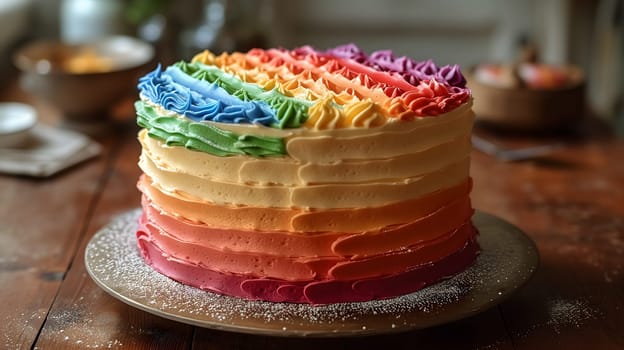 Rainbow LGBT flag colored cake on kitchen table. Neural network generated in January 2024. Not based on any actual scene or pattern.