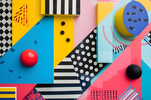 abstract background of playful convergence of 2D pop-art graphics and 3D geometric shapes creating a vibrant multiverse portal, embodying high-energy and big-impact visuals. Neural network generated image. Not based on any actual scene or pattern.