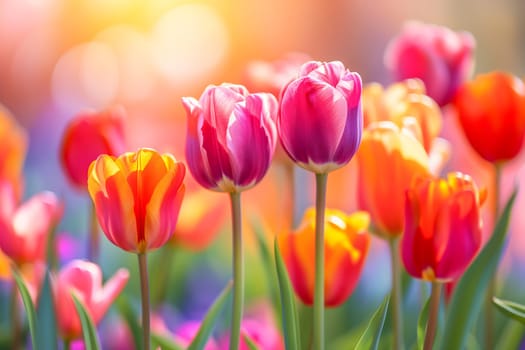Beautiful Spring Nature background with tulip Flowers, selective focus. Vivid colors. Neural network generated in January 2024. Not based on any actual scene or pattern.
