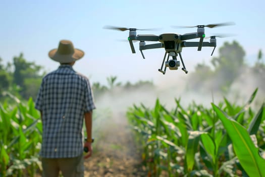 Farmer in the field using drone. Neural network generated in January 2024. Not based on any actual scene or pattern.