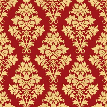 Seamless texture of red and gold damask pattern. Neural network generated image. Not based on any actual scene or pattern.