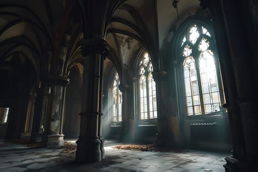 Dark gothic abandoned ancient chapel hall interior with tall windows and columns, foggy and empty. Neural network generated in January 2024. Not based on any actual scene or pattern.