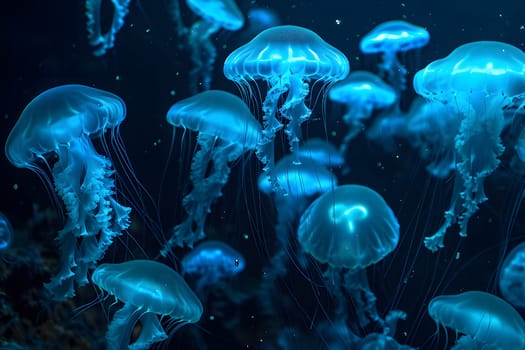 glowing sea jellyfishes on dark background, neural network generated art. Neural network generated in January 2024. Not based on any actual scene or pattern.