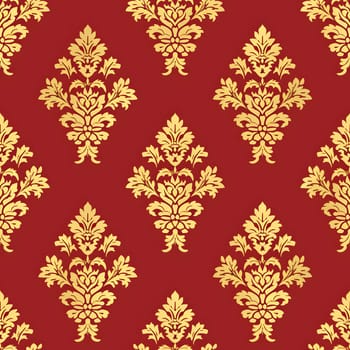 Seamless texture of red and gold damask pattern. Neural network generated image. Not based on any actual scene or pattern.