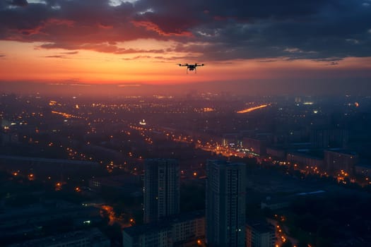 Copter drone over city at sunset or sunrise. Neural network generated image. Not based on any actual scene or pattern.