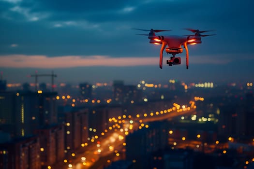 one drone over city at summer sunrise. Neural network generated image. Not based on any actual scene or pattern.