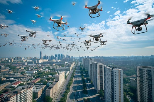 swarm of drones over city at summer morning. Neural network generated image. Not based on any actual scene or pattern.