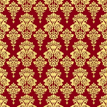 Seamless texture of red and gold damask pattern. Neural network generated image. Not based on any actual scene or pattern.