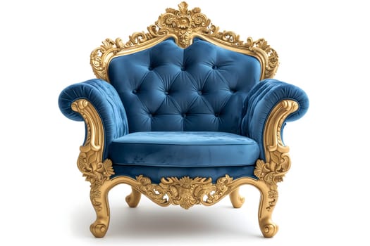 Blue velvet capitonner technique armchair on white background. Digitally generated image. Not based on any actual person, scene or pattern.