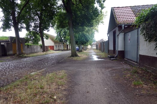 nicht asphaltierter Gehweg an einer Kopfsteinpflaster-Strasse, Brandenburg, Deutschland, Rheinsberg