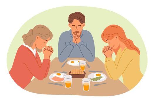Lunchtime prayer from catholic family thanking god for presence of food on table and opportunity to eat deliciously. Christian lunchtime prayer read by two spouses and teenage daughter