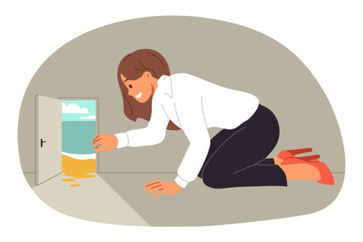 Business woman dreams of vacation and trip to hot island, looks at beach through small door. Concept office employee joy, upon appearance little opportunity arises to go on vacation to resort