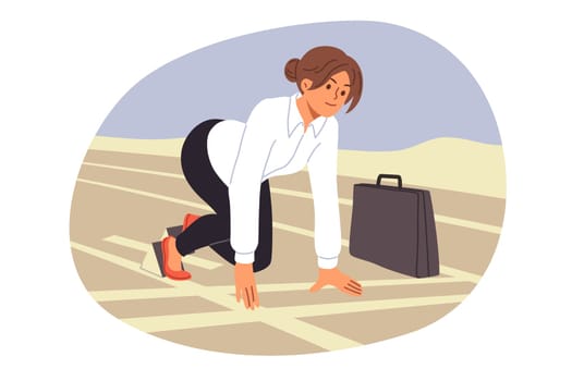 Ambitious business woman is ready for quick start, stands in pose of runner in stadium and wants to defeat all competitors. Ambitious businesslady in formal wear plans to win in fair competition
