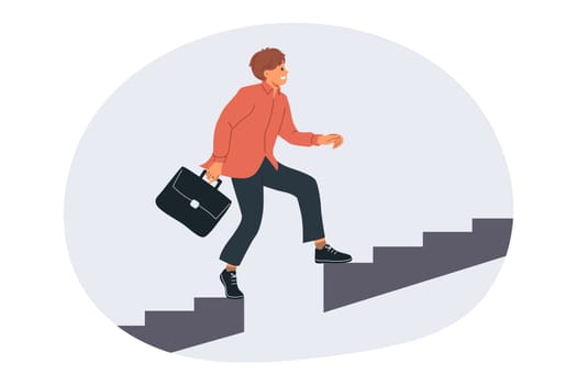 Business man grows professionally by climbing up stairs and overcoming obstacles from missing steps. Ambitious guy clerk, easily copes with problems that arise in business and career