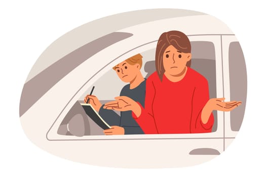 Woman failed driver license test and shrugs as looks out of car with disgruntled instructor. Stupid girl in casual clothes failed in attempt to get driver documents after attending driving school.