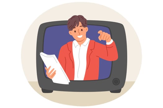Man TV show announcer looks out of retro tv, recommending to buy advertised product