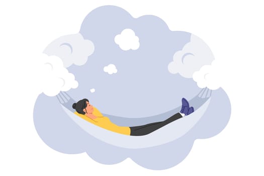 Woman sleeps in hammock suspended on clouds, having good dreams and filling herself with energy before new working day. Fantastic dream of girl flying in sky and enjoying wonderful dreams