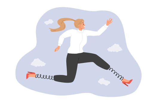 Ambitious business woman strives to achieve goals and jumps high using springs instead of legs. Ambitious manager in formal clothes smiles, rejoicing at opportunity to move to more profitable position