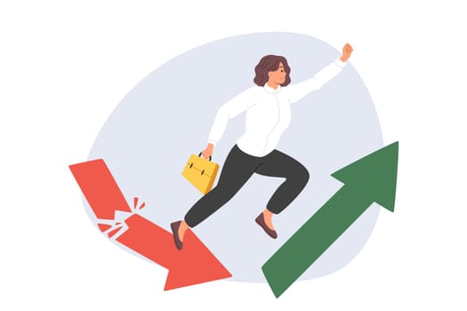 Successful businesswoman performs superhero jump, improving company financial performance. Concept of stopping decline and starting to grow business, thanks to professional actions businesswoman