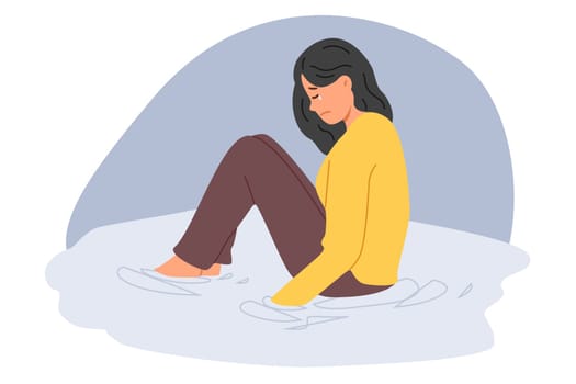 Crying woman sits in puddle tears, suffering from depression after breaking up with boyfriend. Crying girl is experiencing nervous breakdown due to being fired and losing right to foreclose on house.