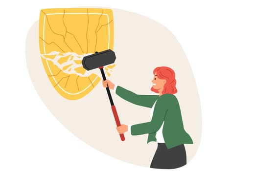 Woman breaks huge shield with sledgehammer, destroying protection of competitors business from unauthorized entry. Strong, ambitious girl bravely breaks enemies defenses to achieve goal.