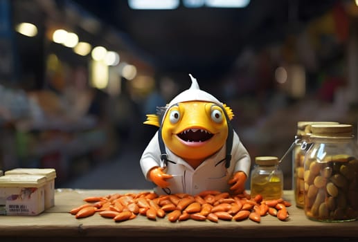 Selling the fish oil at market. Conceptual art