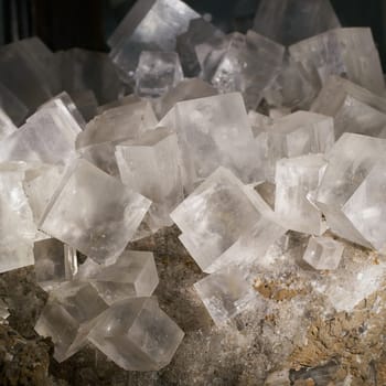 Cube-shaped crystals of the mineral halite in a mineral collection