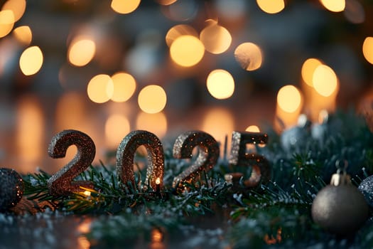Digits 2025 surrounded with Christmas decorations for new year celebration. Neural network generated image. Not based on any actual person or scene.
